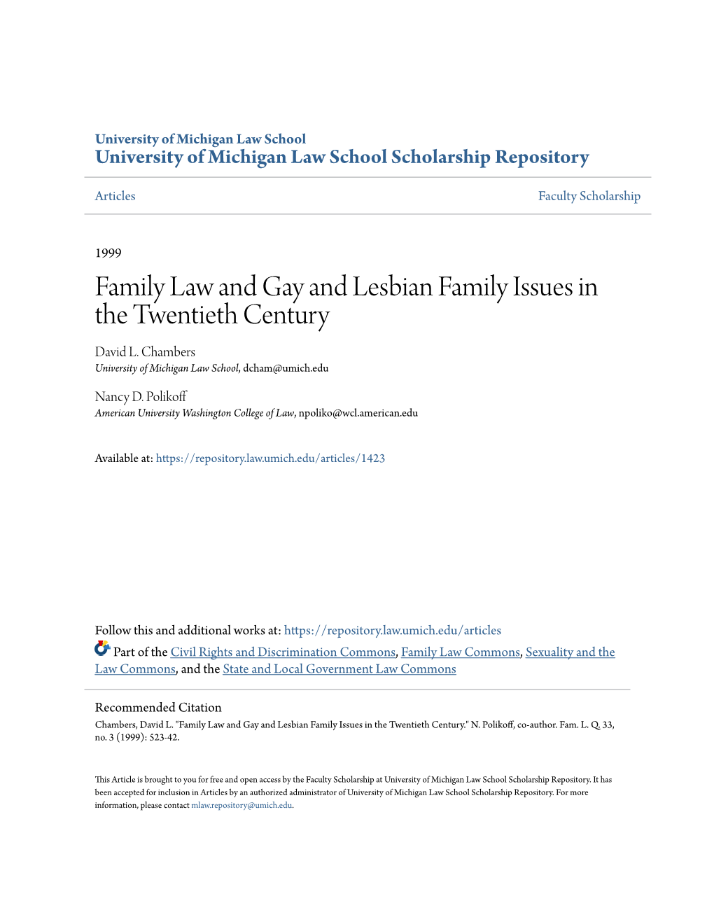 Family Law and Gay and Lesbian Family Issues in the Twentieth Century David L