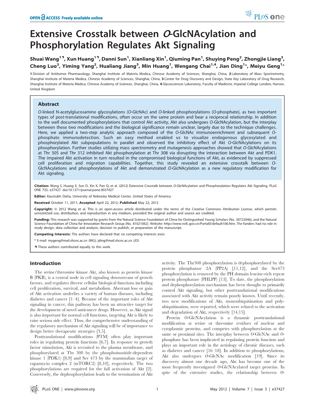 Extensive Crosstalk Between O-Glcnacylation and Phosphorylation Regulates Akt Signaling