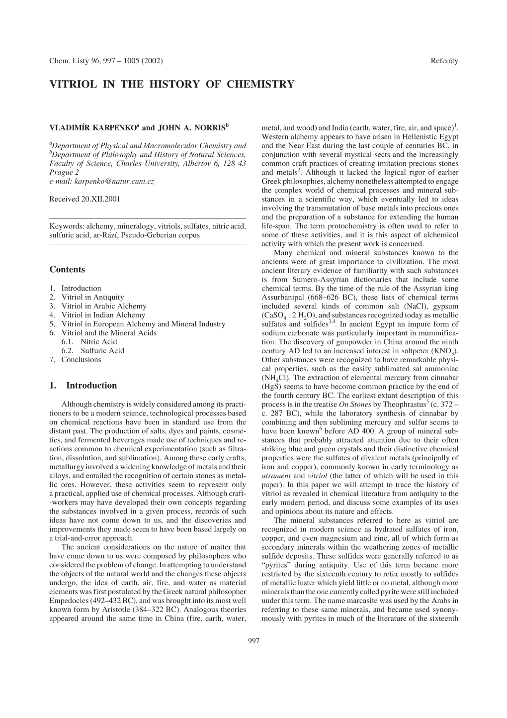 Vitriol in the History of Chemistry