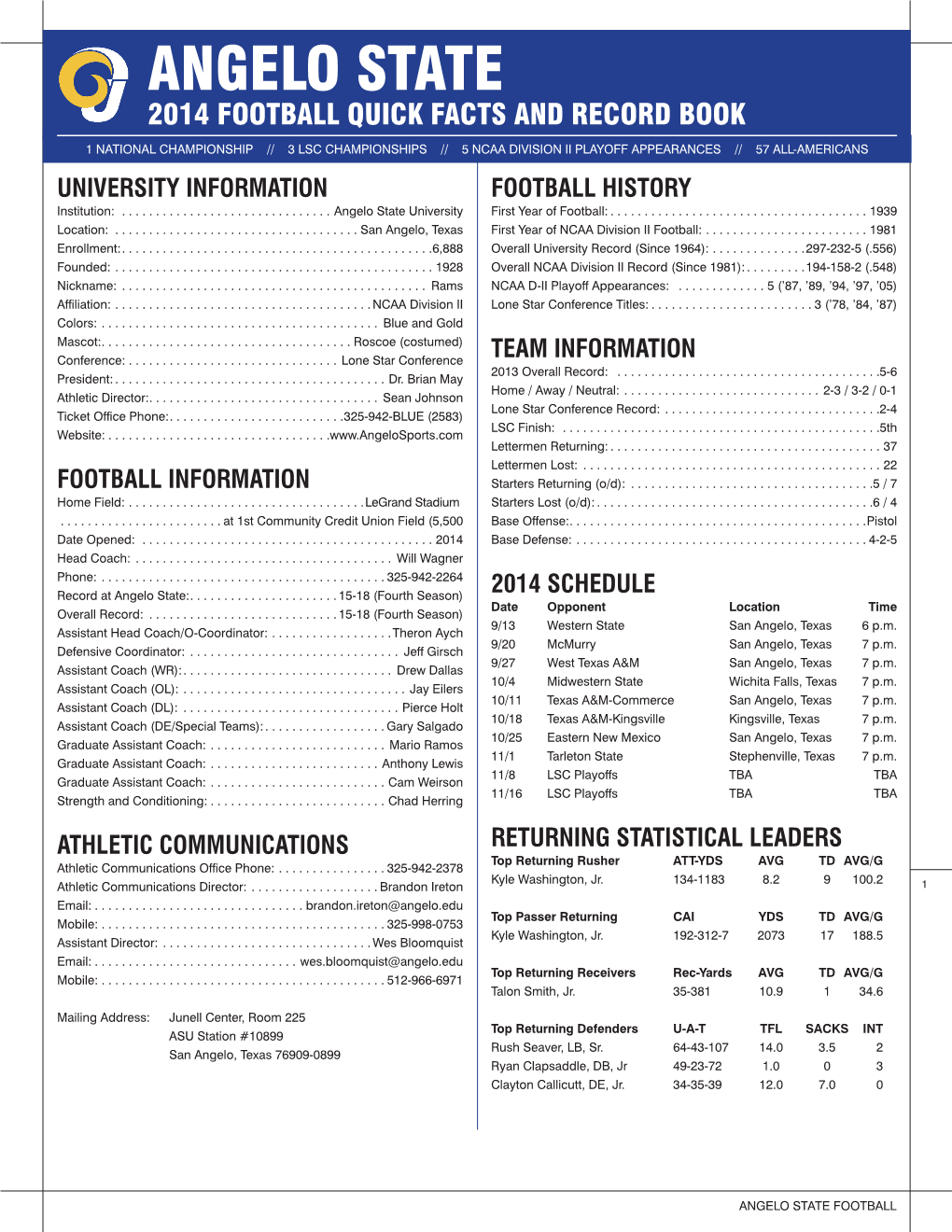 Angelo State 2014 Football Quick Facts and Record Book