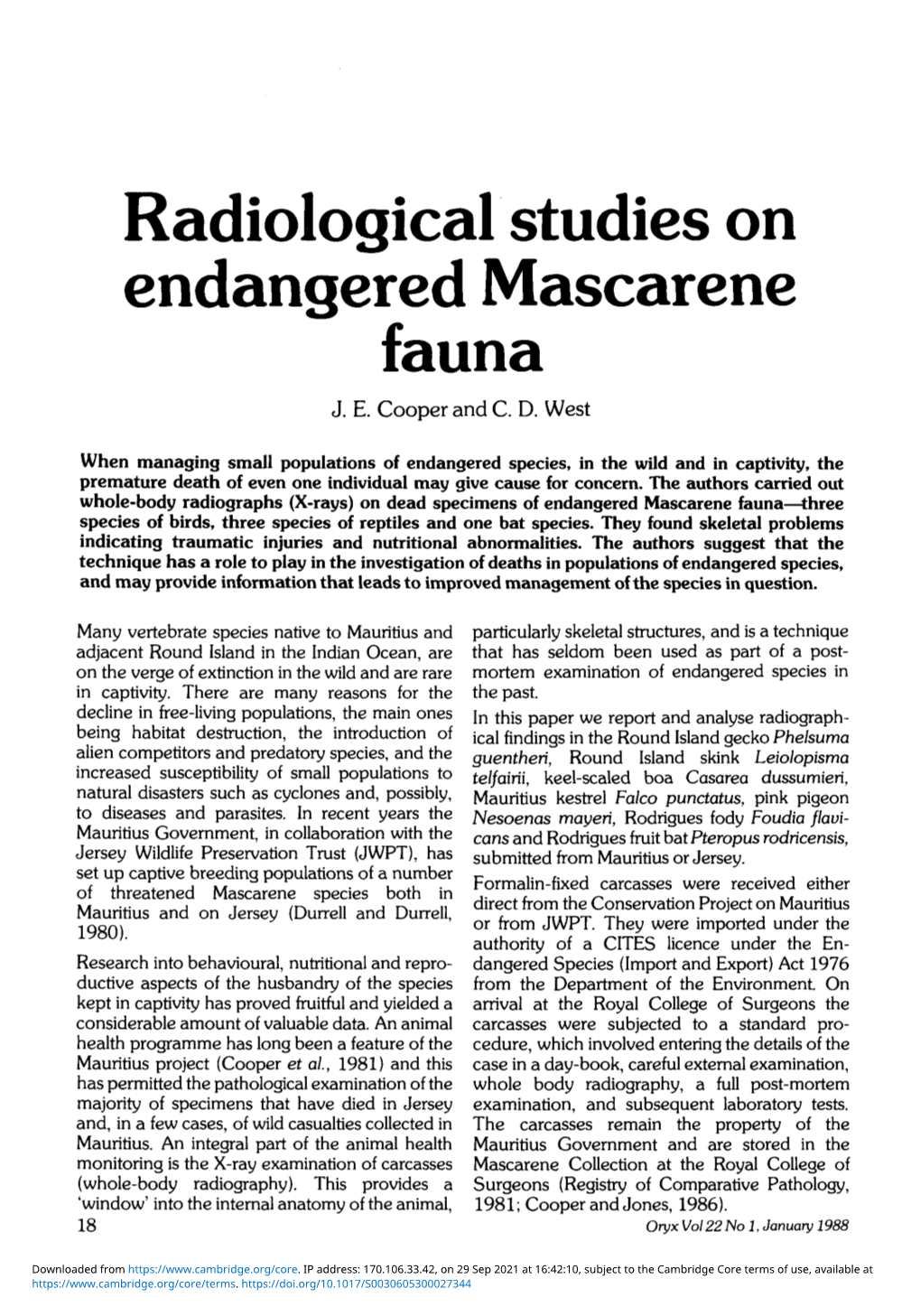 Radiological Studies on Endangered Mascarene Fauna J