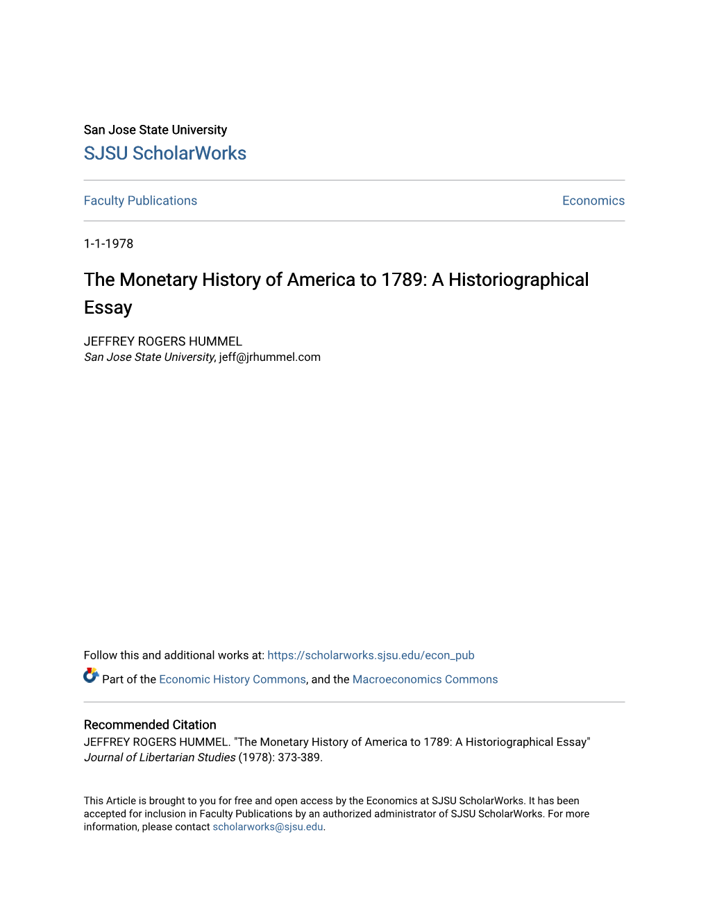 The Monetary History of America to 1789: a Historiographical Essay