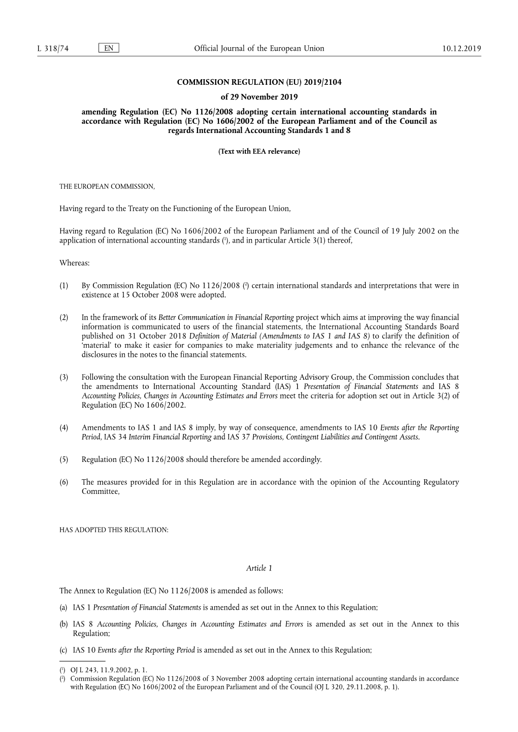 Amendments to IAS 1 and IAS 8