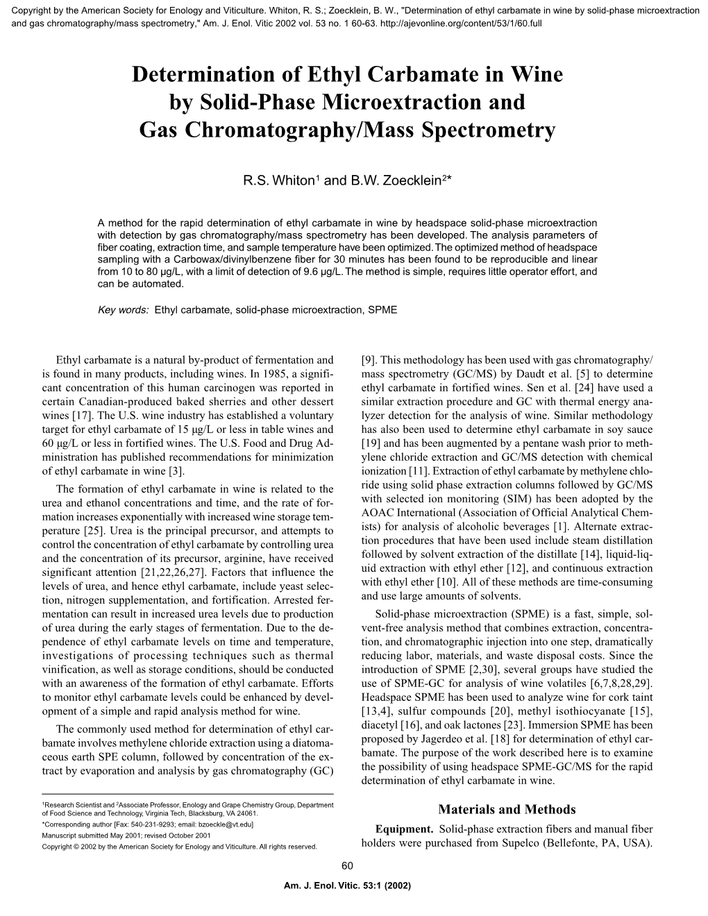 Determination of Ethyl Carbamate in Wine by Solid-Phase Microextraction and Gas Chromatography/Mass Spectrometry