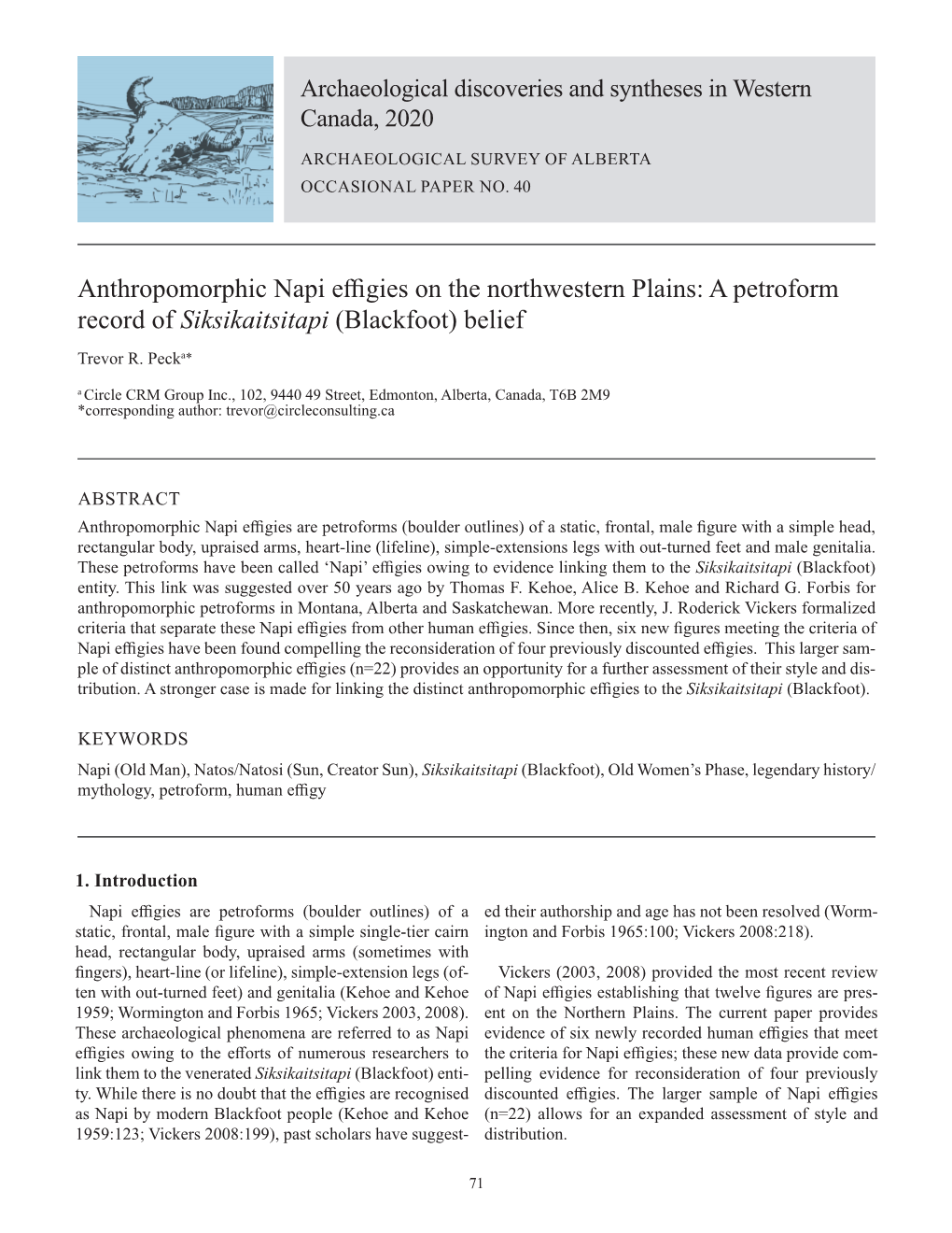 Anthropomorphic Napi Effigies on the Northwestern Plains: a Petroform Record of Siksikaitsitapi (Blackfoot) Belief Trevor R