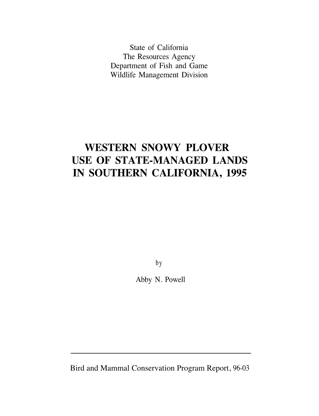 Western Snowy Plover Use of State-Managed Lands in Southern California, 1995