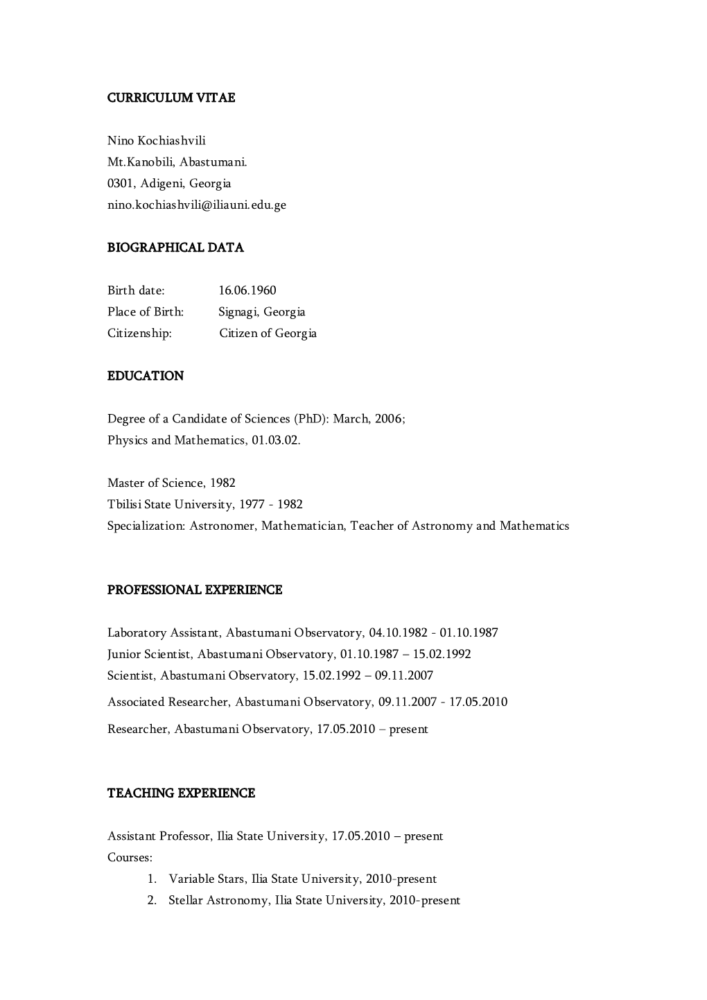 Sample Curriculum Vitae