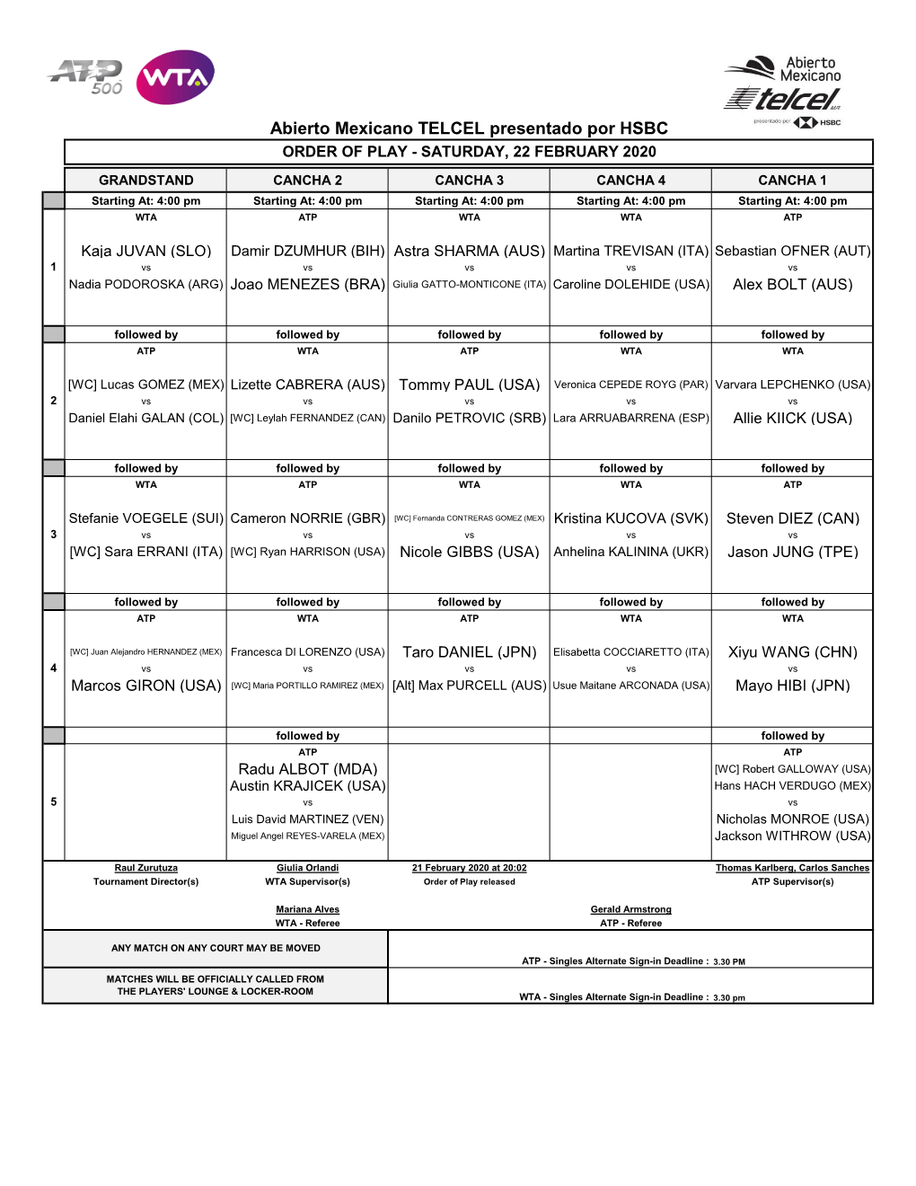 Abierto Mexicano TELCEL Presentado Por HSBC ORDER of PLAY - SATURDAY, 22 FEBRUARY 2020