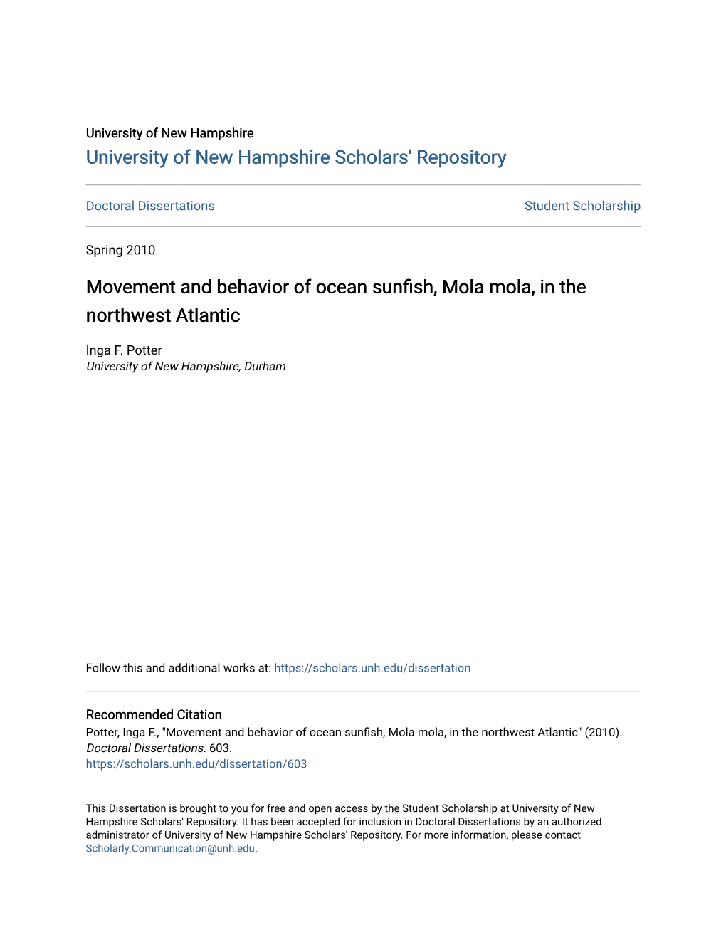 Movement and Behavior of Ocean Sunfish, Mola Mola, in the Northwest Atlantic