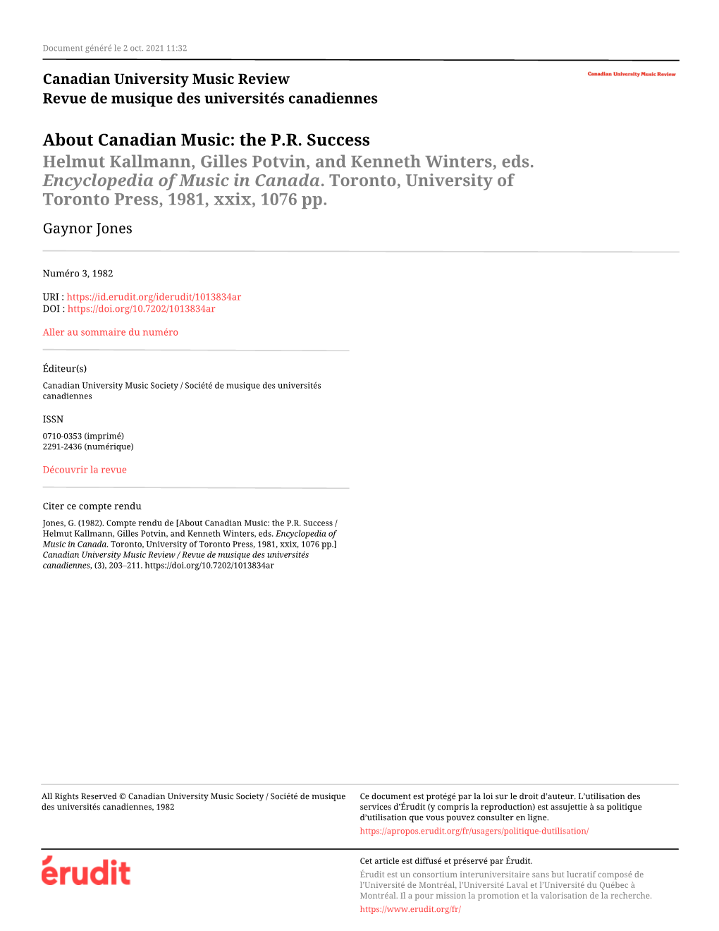 About Canadian Music: the P.R. Success / Helmut Kallmann, Gilles Potvin, and Kenneth Winters, Eds