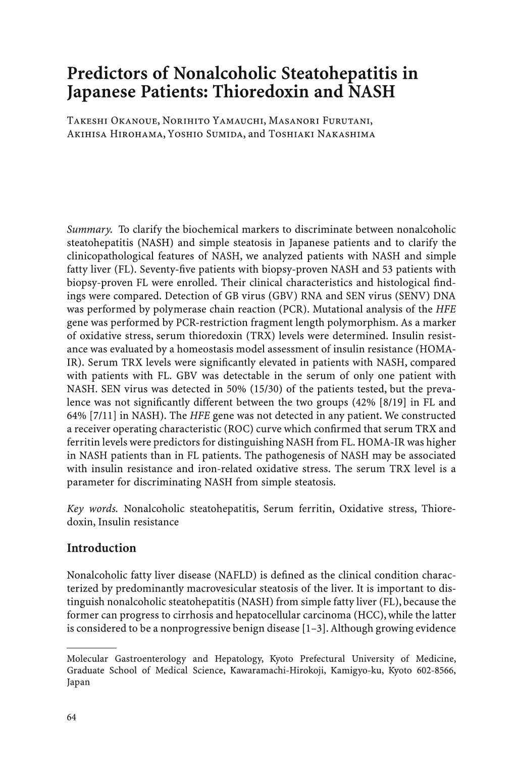 Predictors of Nonalcoholic Steatohepatitis in Japanese Patients: Thioredoxin and NASH