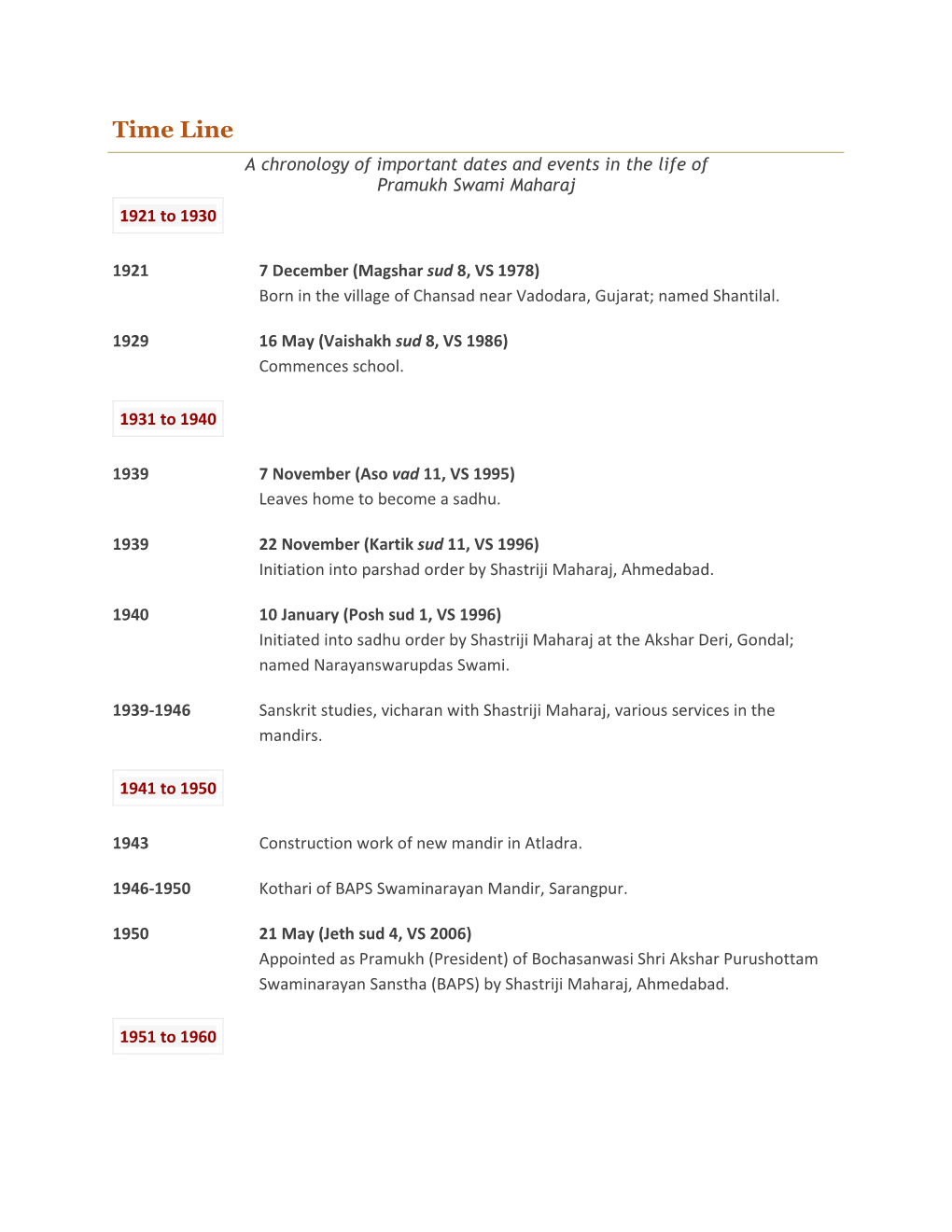 Time Line a Chronology of Important Dates and Events in the Life of Pramukh Swami Maharaj 1921 to 1930