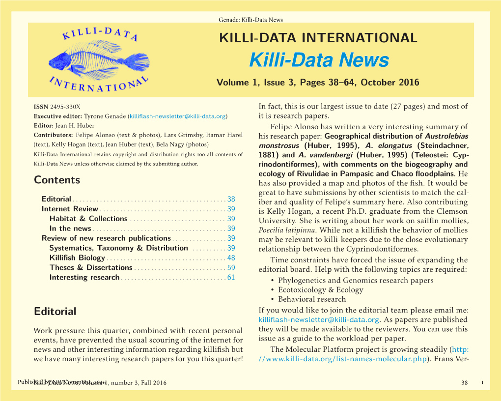 Killi-Data News KILLI-DATA INTERNATIONAL Killi-Data News Volume 1, Issue 3, Pages 38–64, October 2016
