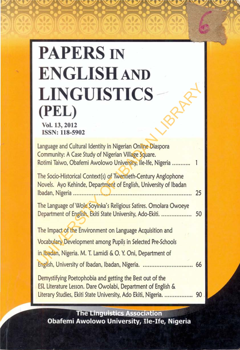 PAPERS in ENGLISH and LINGUISTICS --/ (PEL) Vol