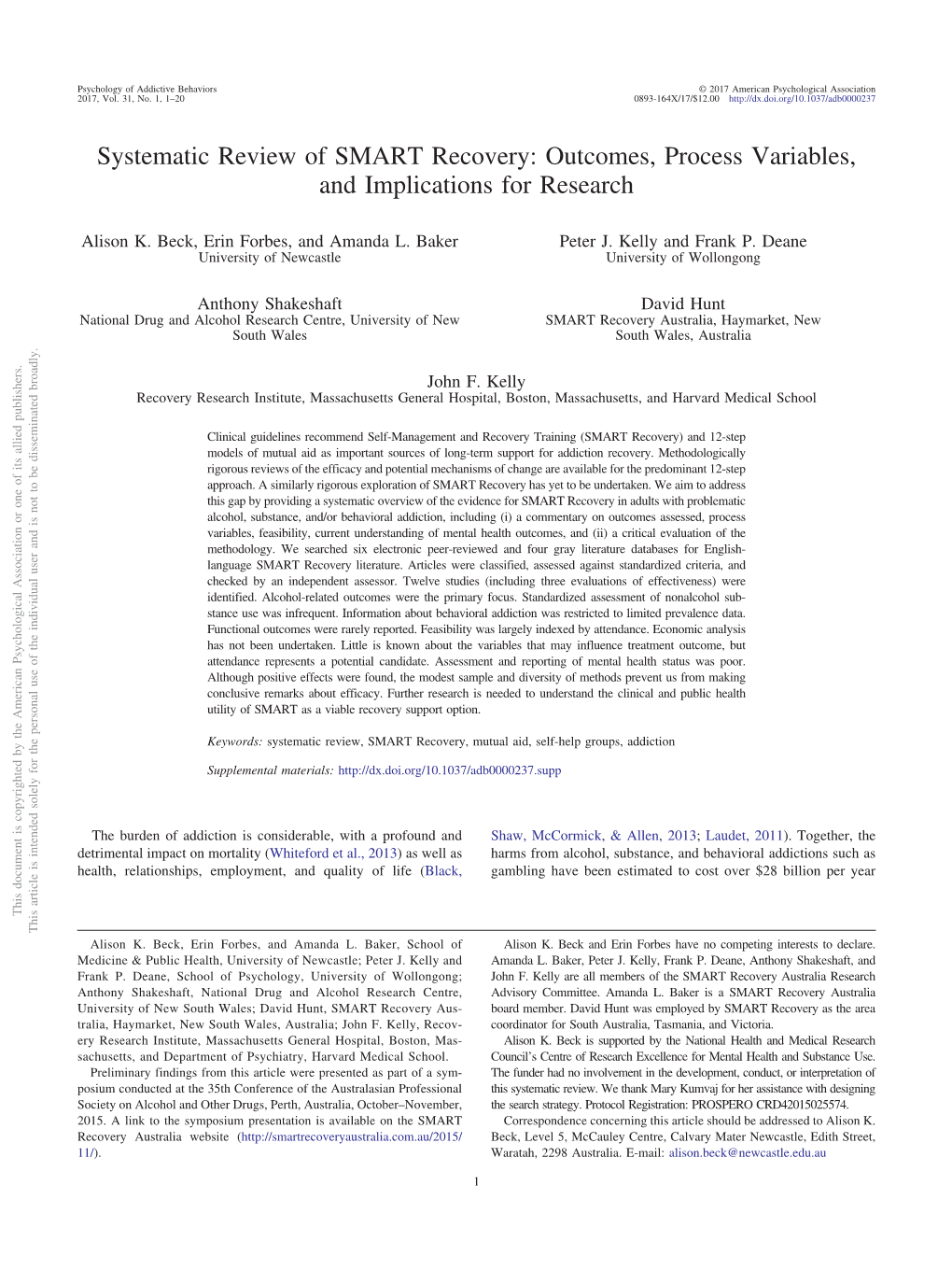 Systematic Review of SMART Recovery: Outcomes, Process Variables, and Implications for Research