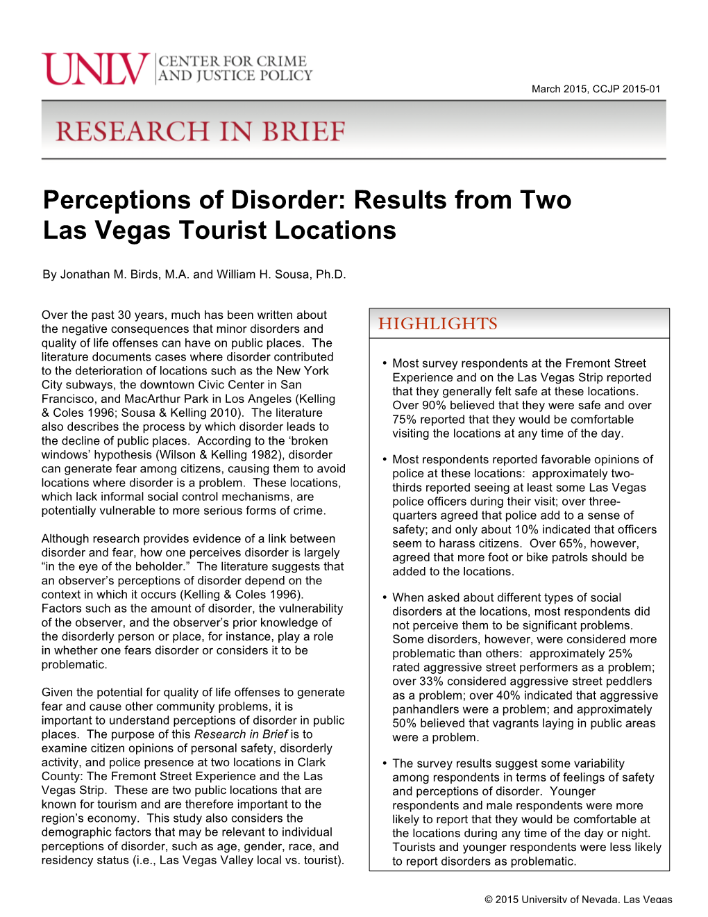 Perceptions of Disorder: Results from Two Las Vegas Tourist Locations