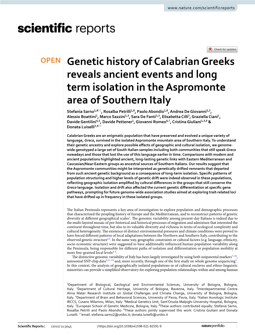 Genetic History of Calabrian Greeks Reveals Ancient Events and Long