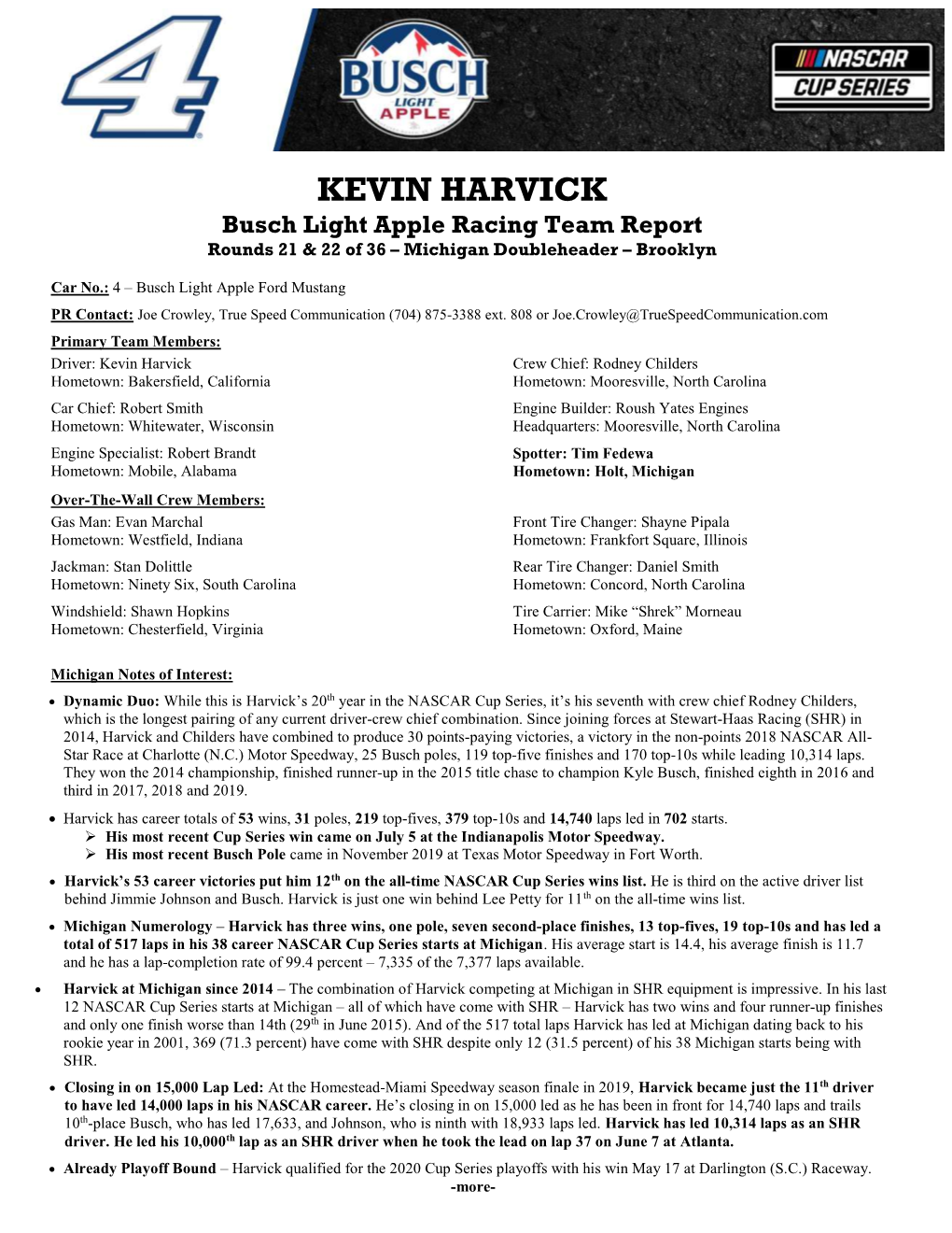 KEVIN HARVICK Busch Light Apple Racing Team Report Rounds 21 & 22 of 36 – Michigan Doubleheader – Brooklyn