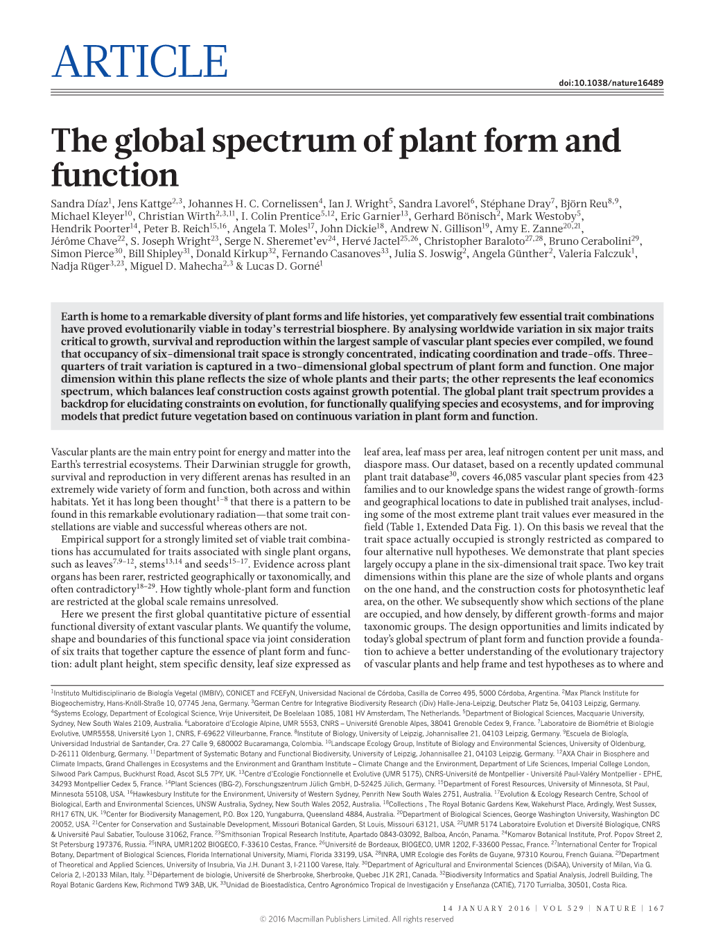 The Global Spectrum of Plant Form and Function Sandra Díaz1, Jens Kattge2,3, Johannes H