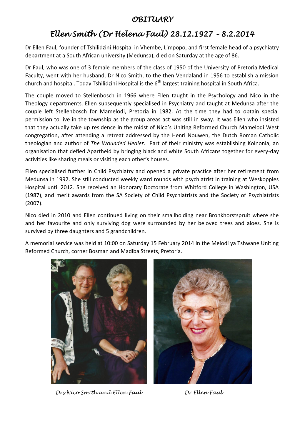 OBITUARY Ellen Smith (Dr Helena Faul) 28.12.1927 – 8.2.2014