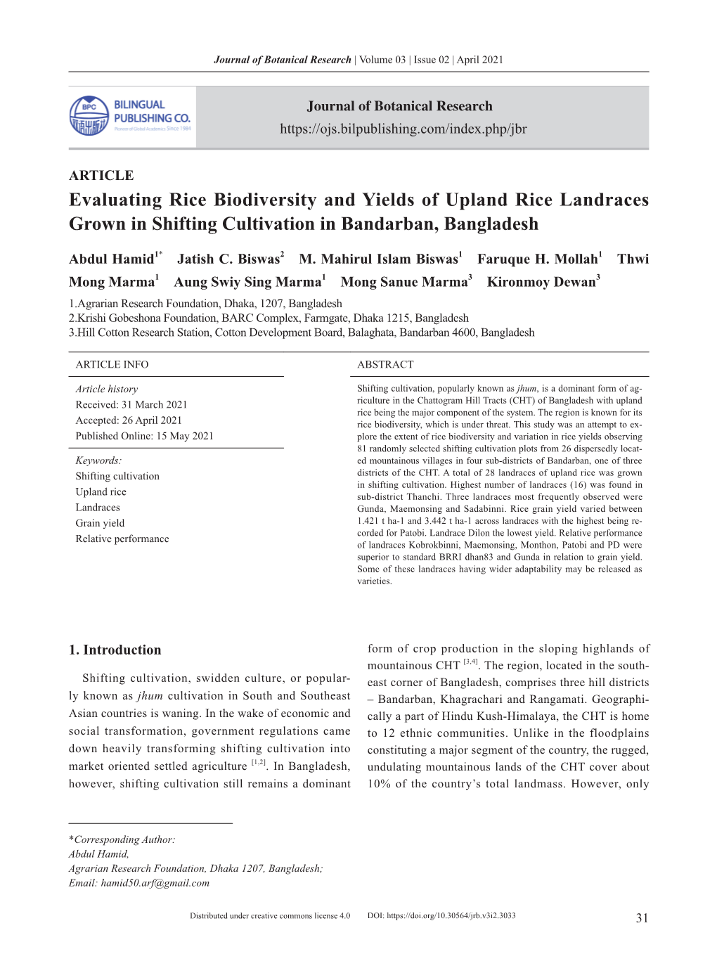 Evaluating Rice Biodiversity and Yields of Upland Rice Landraces Grown in Shifting Cultivation in Bandarban, Bangladesh