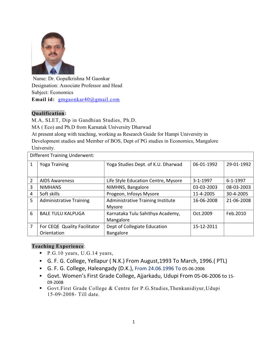 GFG College, Yellapur ( NK) from August,1993 to March, 1996.( PTL)