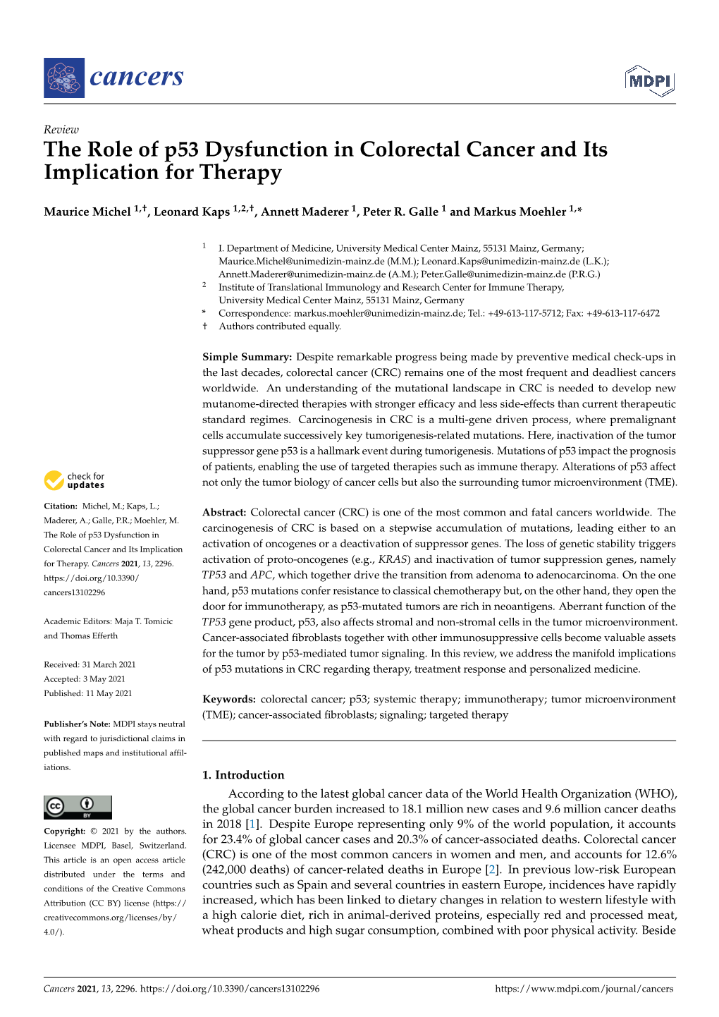 The Role of P53 Dysfunction in Colorectal Cancer and Its Implication for Therapy