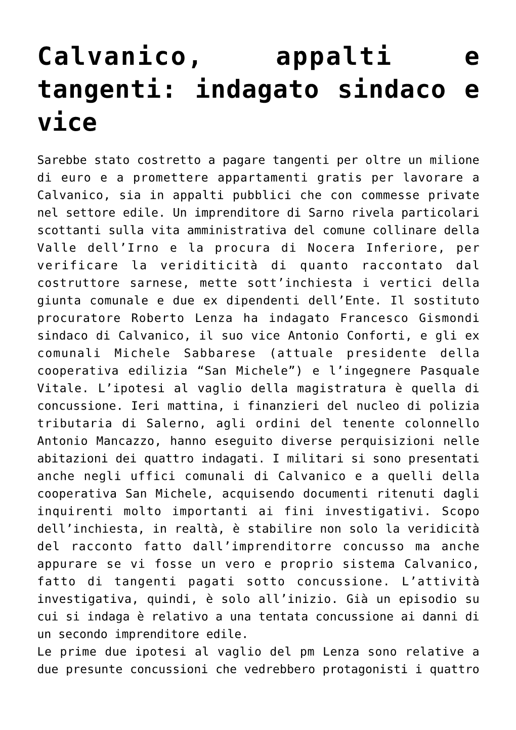 Calvanico, Appalti E Tangenti: Indagato Sindaco E Vice