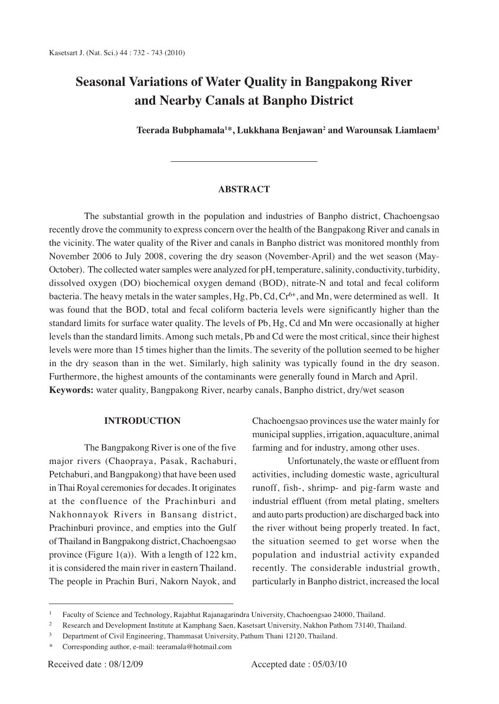 Seasonal Variations of Water Quality in Bangpakong River and Nearby Canals at Banpho District