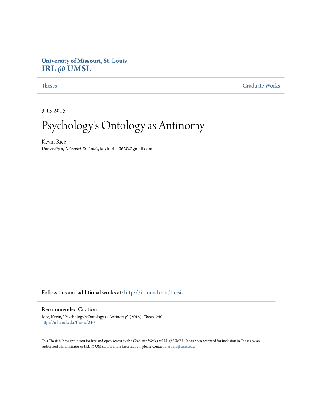 Psychology's Ontology As Antinomy Kevin Rice University of Missouri-St