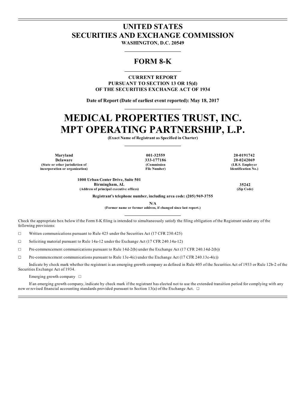 Medical Properties Trust, Inc. Mpt Operating Partnership, L.P