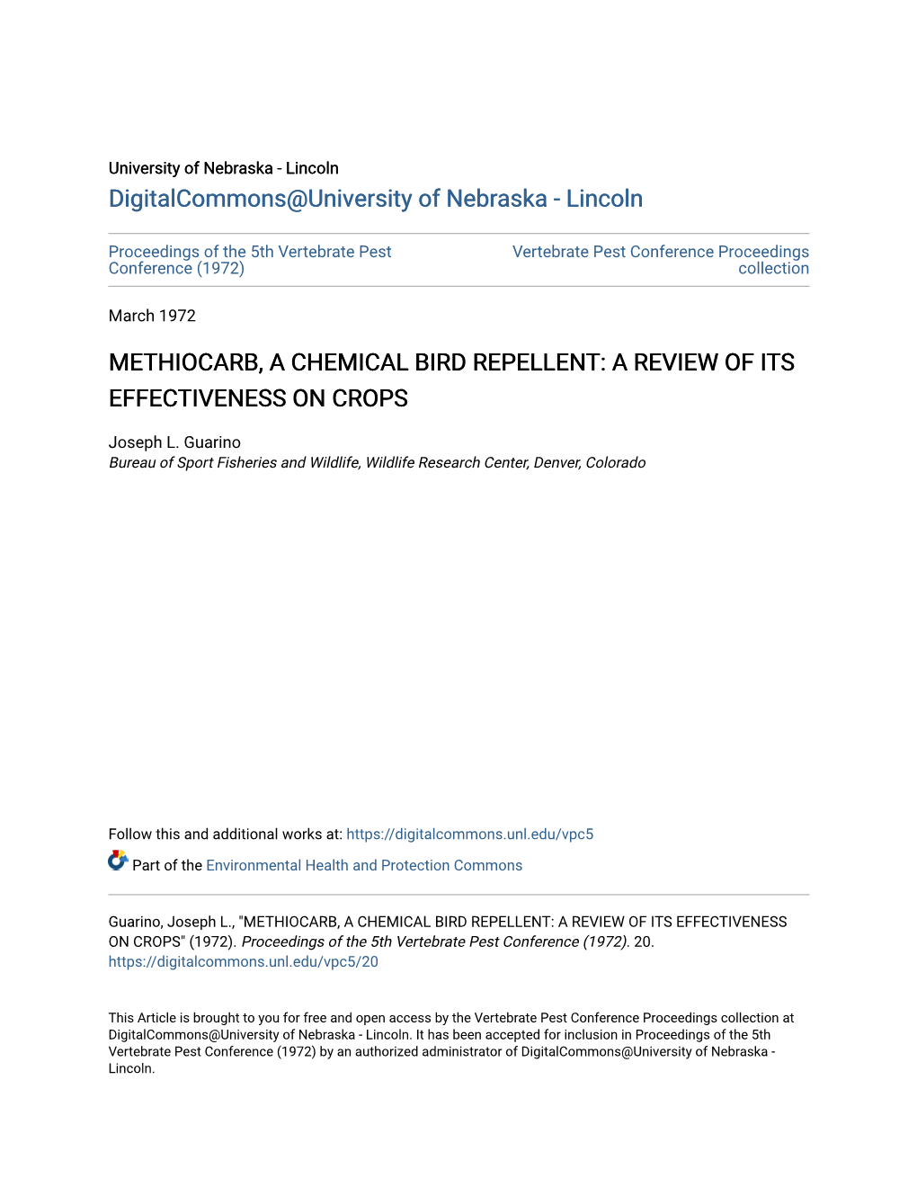 Methiocarb, a Chemical Bird Repellent: a Review of Its Effectiveness on Crops