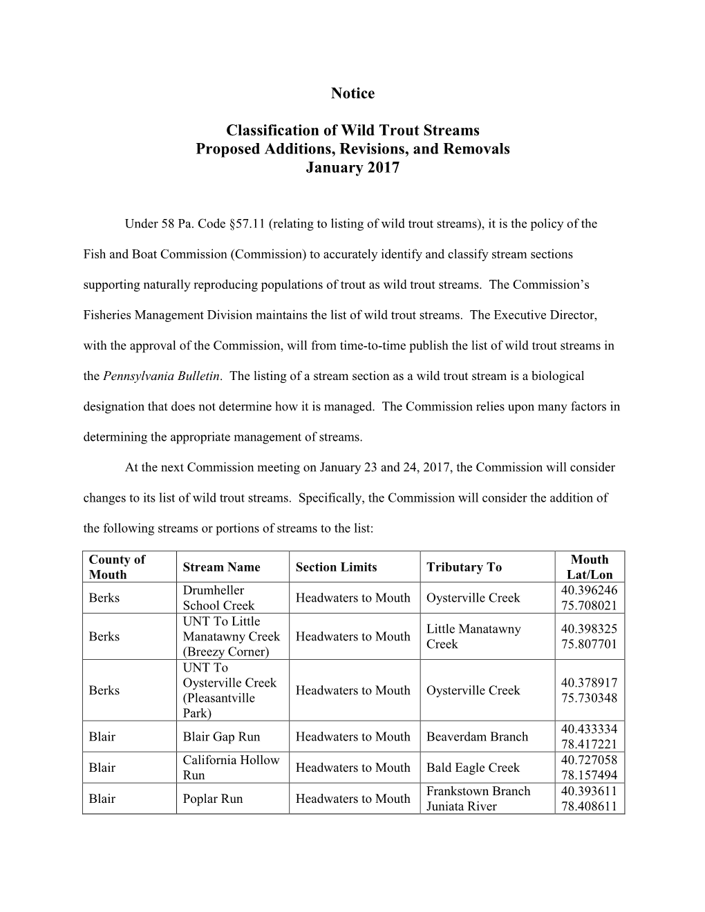 Notice Classification of Wild Trout Streams Proposed Additions