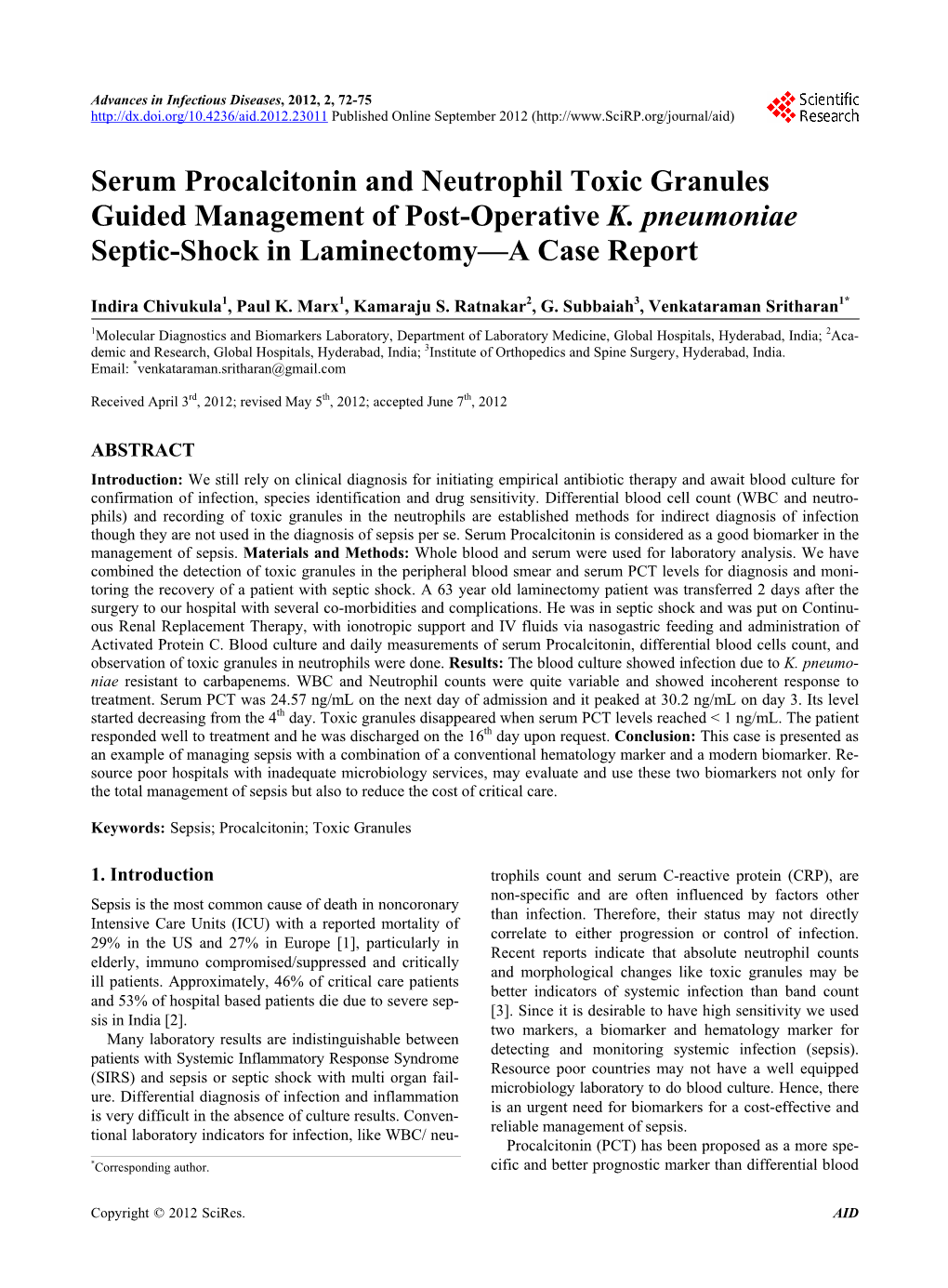 Serum Procalcitonin and Neutrophil Toxic Granules Guided Management of Post-Operative K. Pneumoniae Septic-Shock in Laminectomy—A Case Report