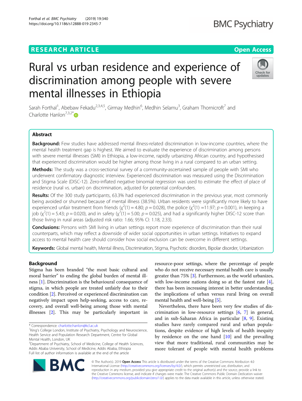 Rural Vs Urban Residence and Experience of Discrimination Among People with Severe Mental Illnesses in Ethiopia