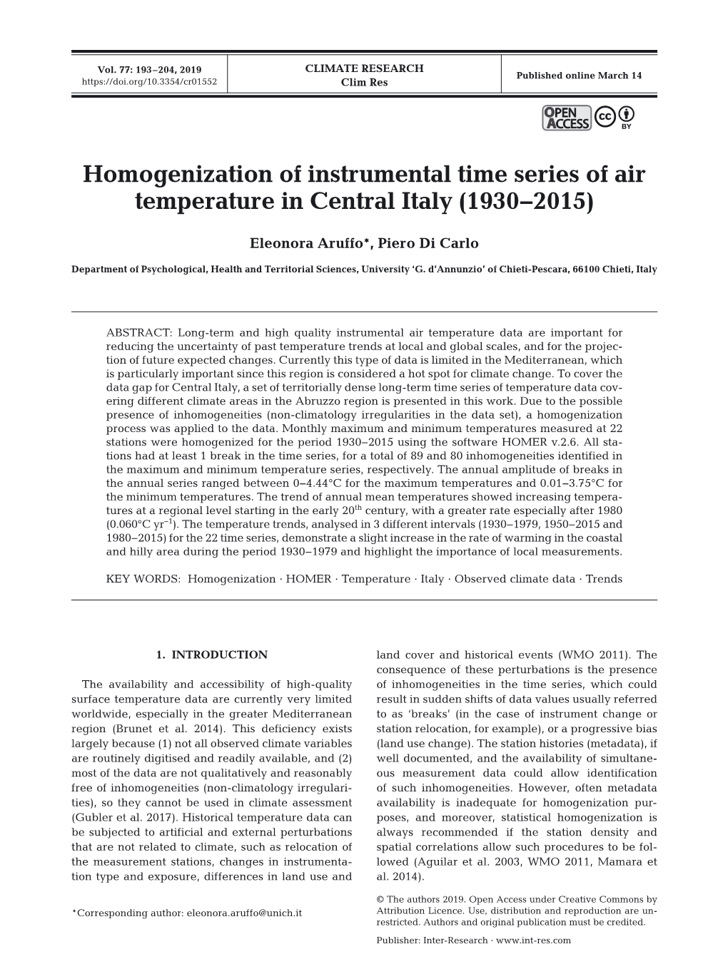Homogenization of Instrumental Time Series of Air Temperature in Central Italy (1930−2015)