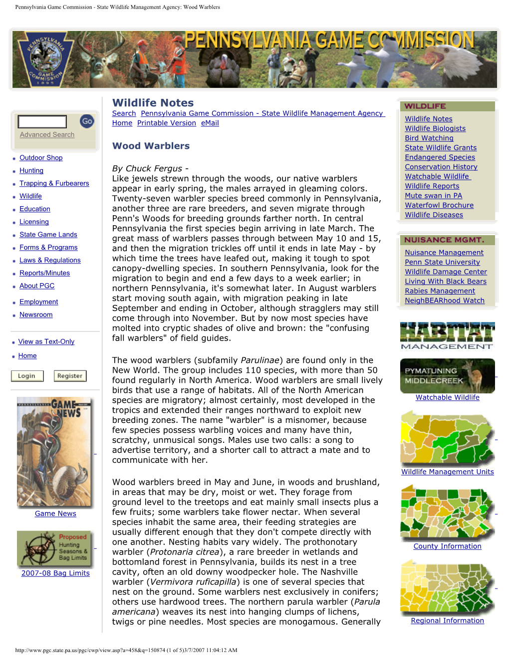 Pennsylvania Game Commission - State Wildlife Management Agency: Wood Warblers