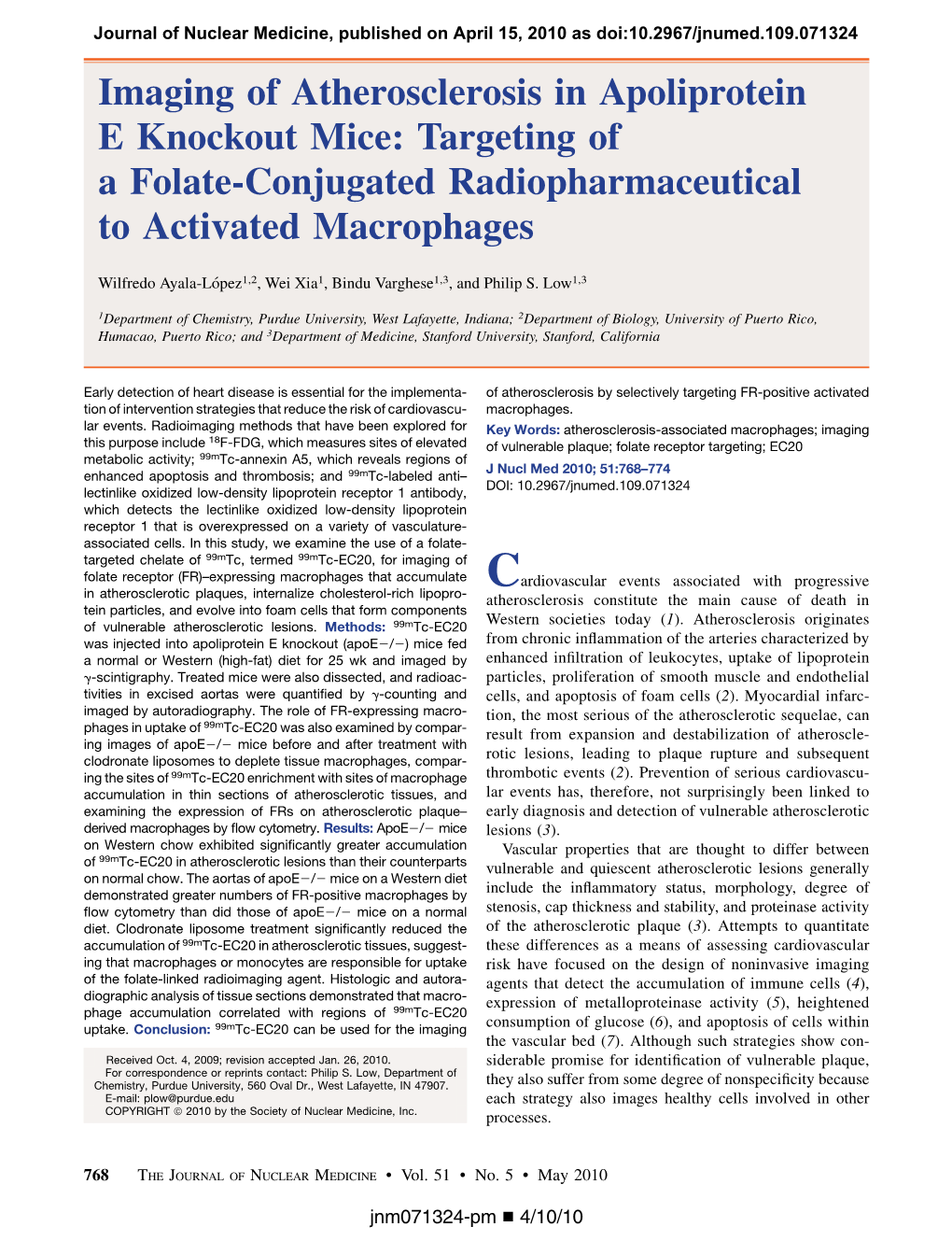 Imaging of Atherosclerosis in Apoliprotein E Knockout Mice: Targeting of a Folate-Conjugated Radiopharmaceutical to Activated Macrophages