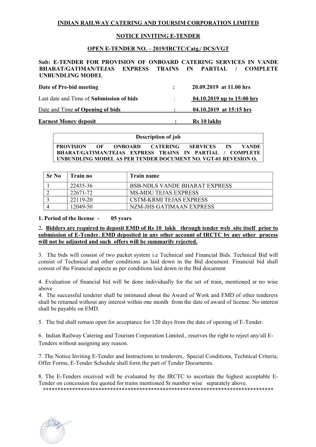 Indian Railway Catering and Toursim Corporation Limited Notice Inviting