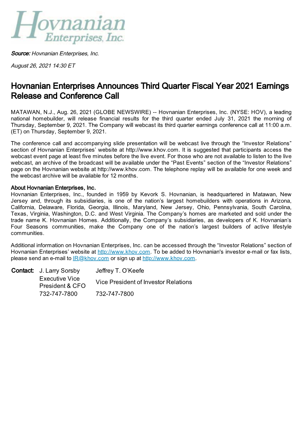 Hovnanian Enterprises Announces Third Quarter Fiscal Year 2021 Earnings Release and Conference Call