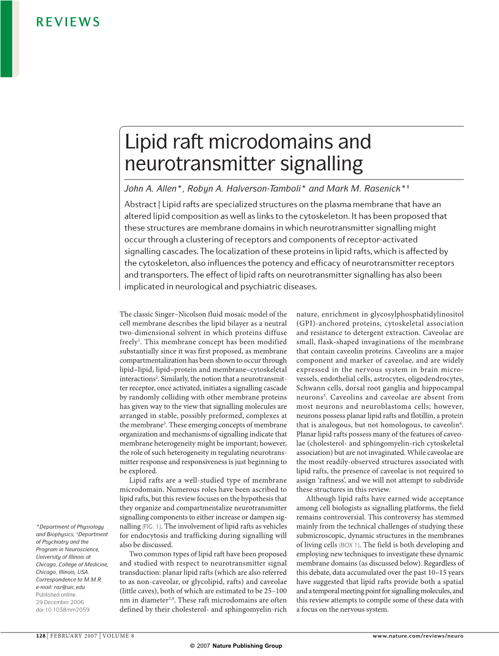Lipid Raft Microdomains and Neurotransmitter Signalling