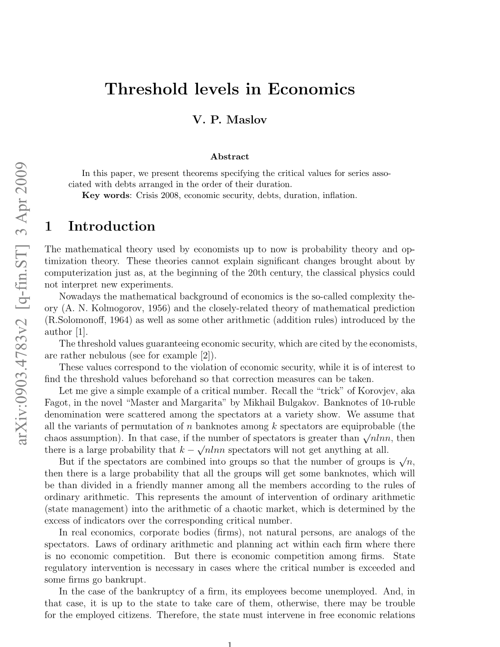 Arxiv:0903.4783V2 [Q-Fin.ST] 3 Apr 2009 Threshold Levels in Economics