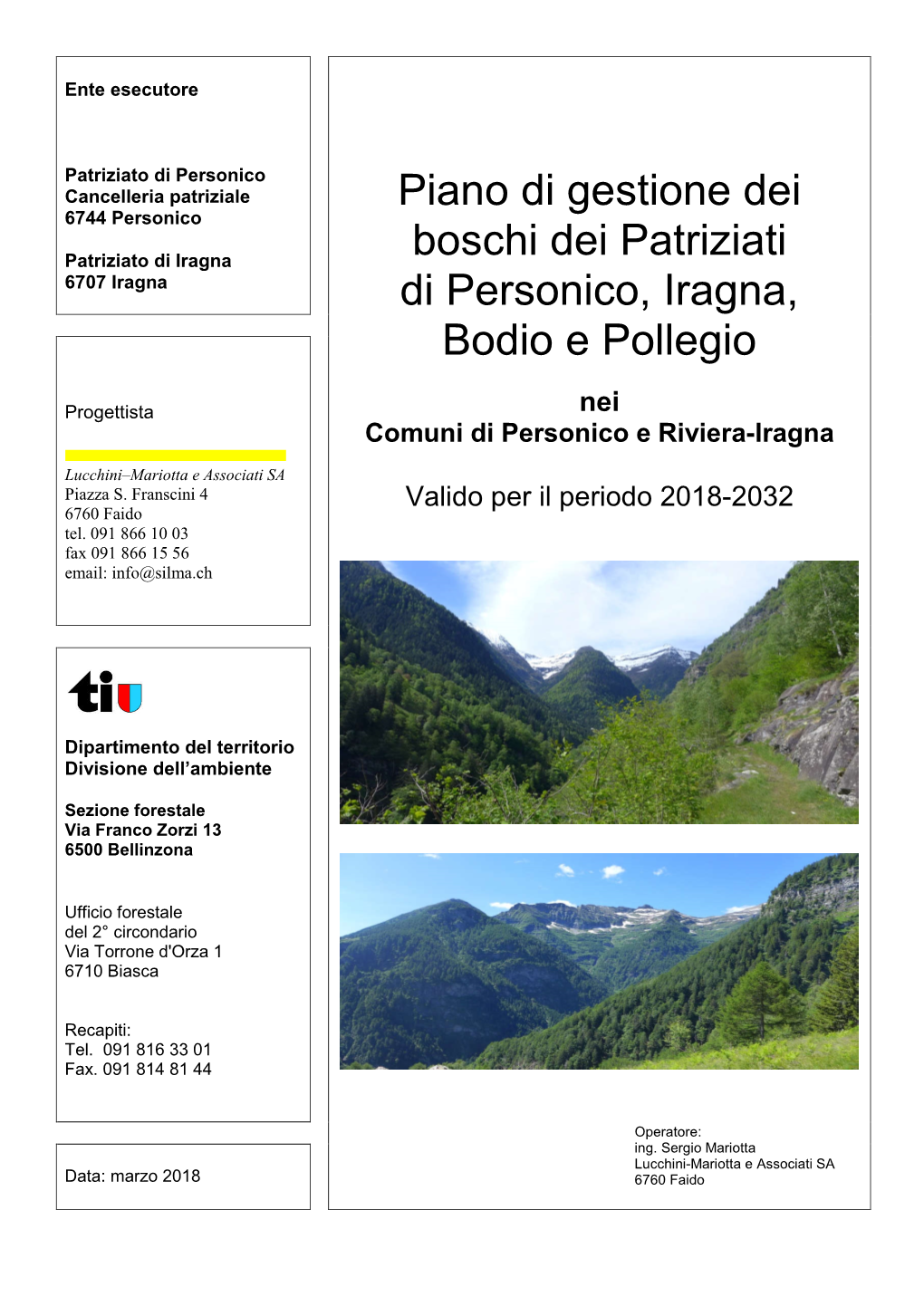 Piano Di Gestione Dei Boschi Dei Patriziati Di Personico, Iragna