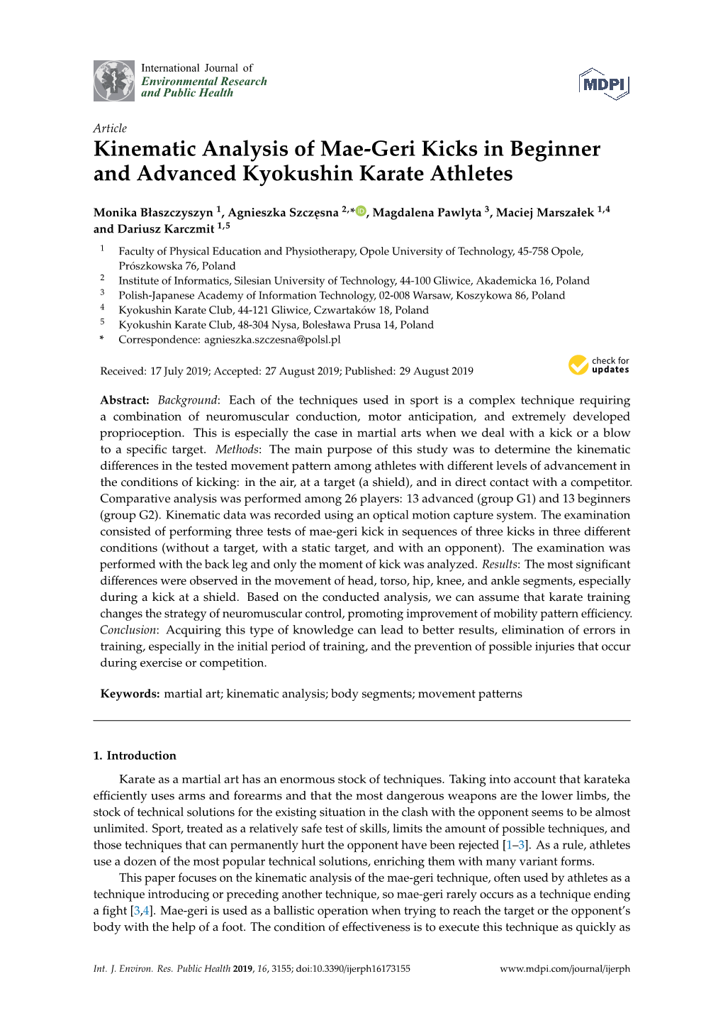 Kinematic Analysis of Mae-Geri Kicks in Beginner and Advanced Kyokushin Karate Athletes