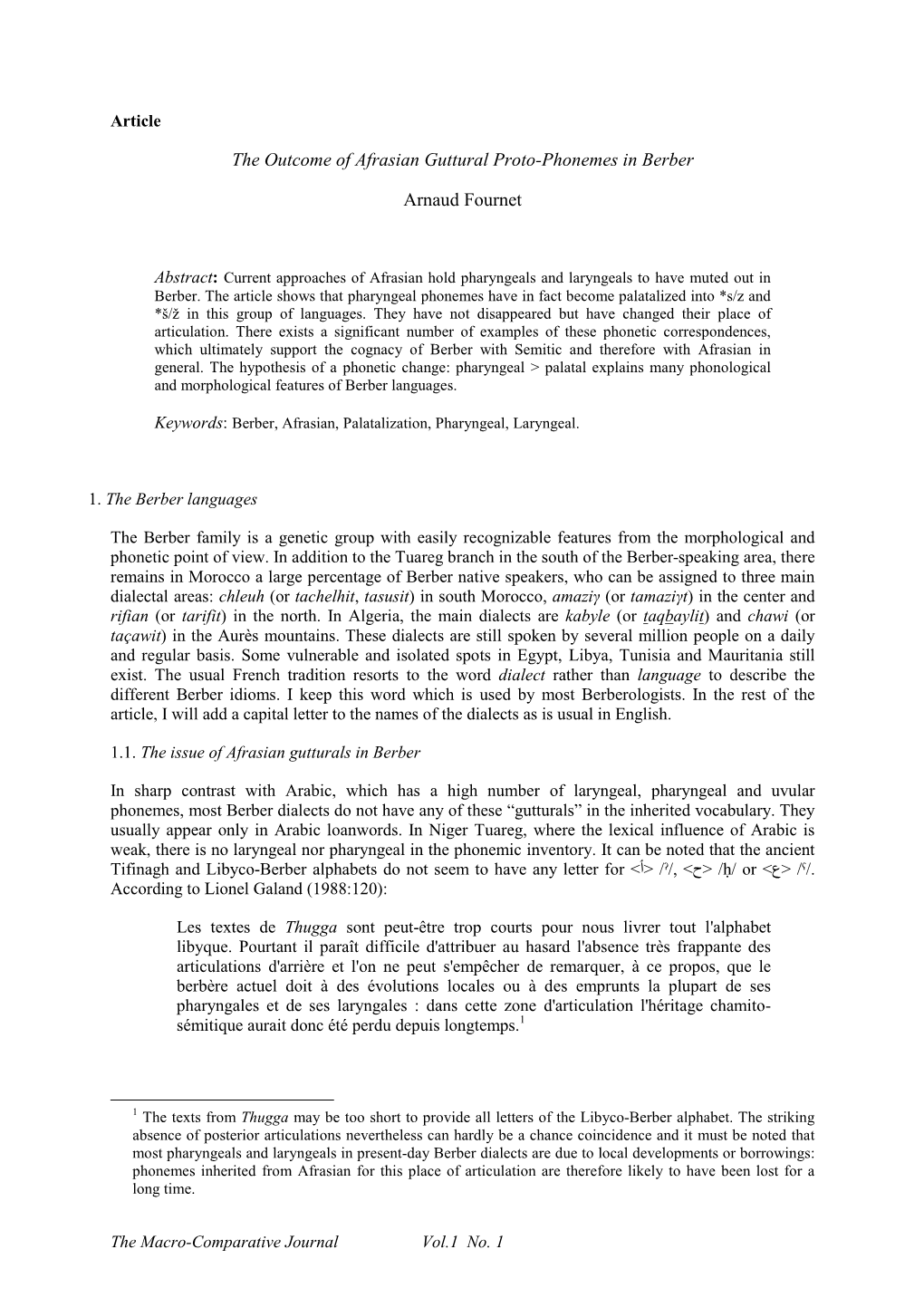 The Outcome of Afrasian Guttural Proto-Phonemes in Berber Arnaud