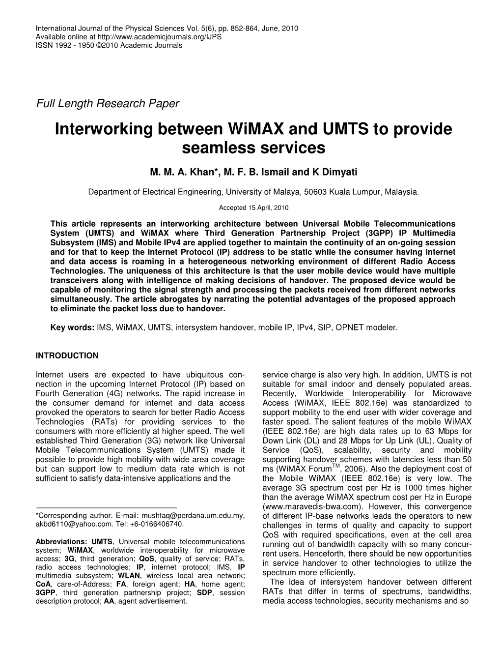 Interworking Between Wimax and UMTS to Provide Seamless Services