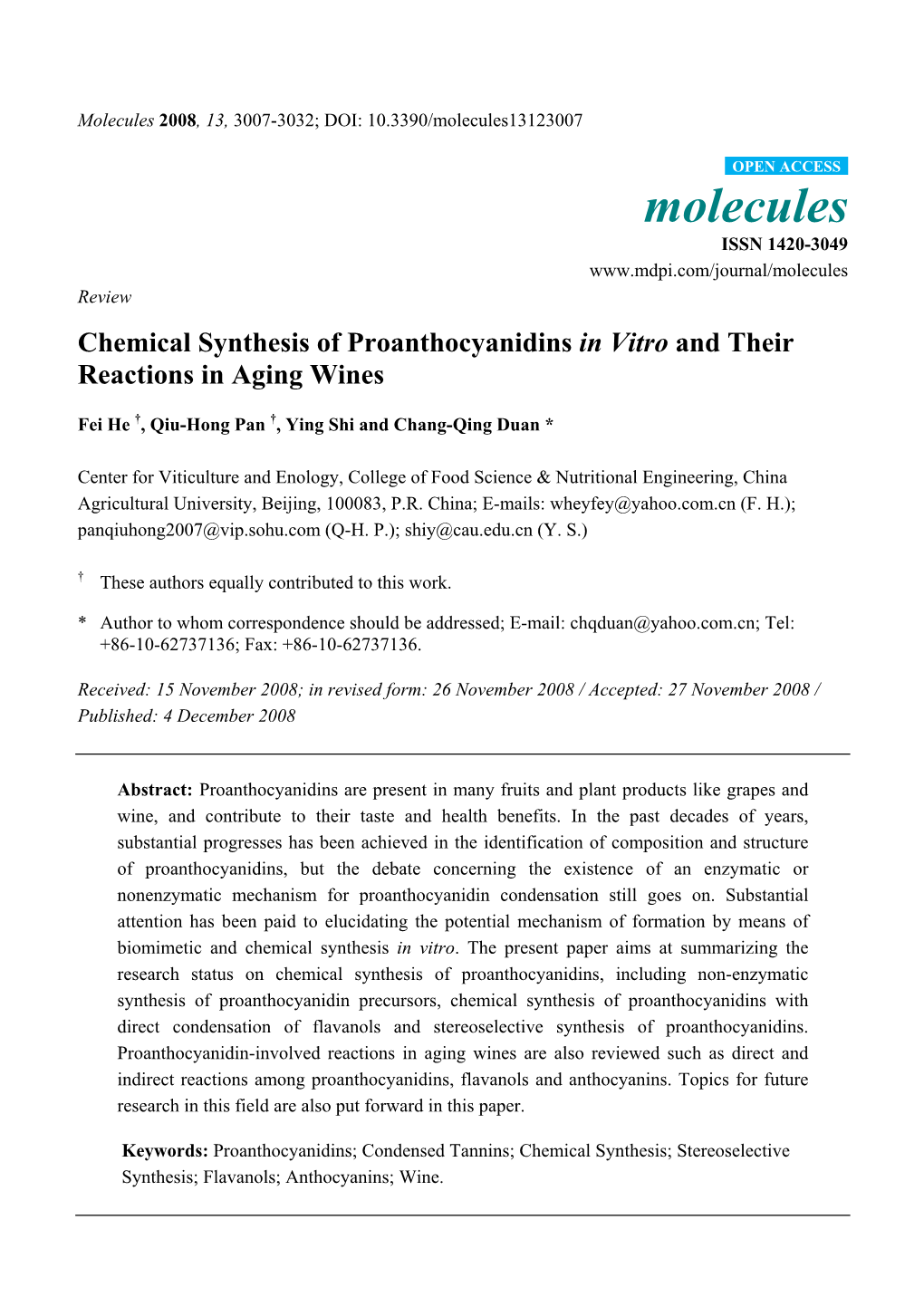 Chemical Synthesis of Proanthocyanidins in Vitro and Their Reactions in Aging Wines