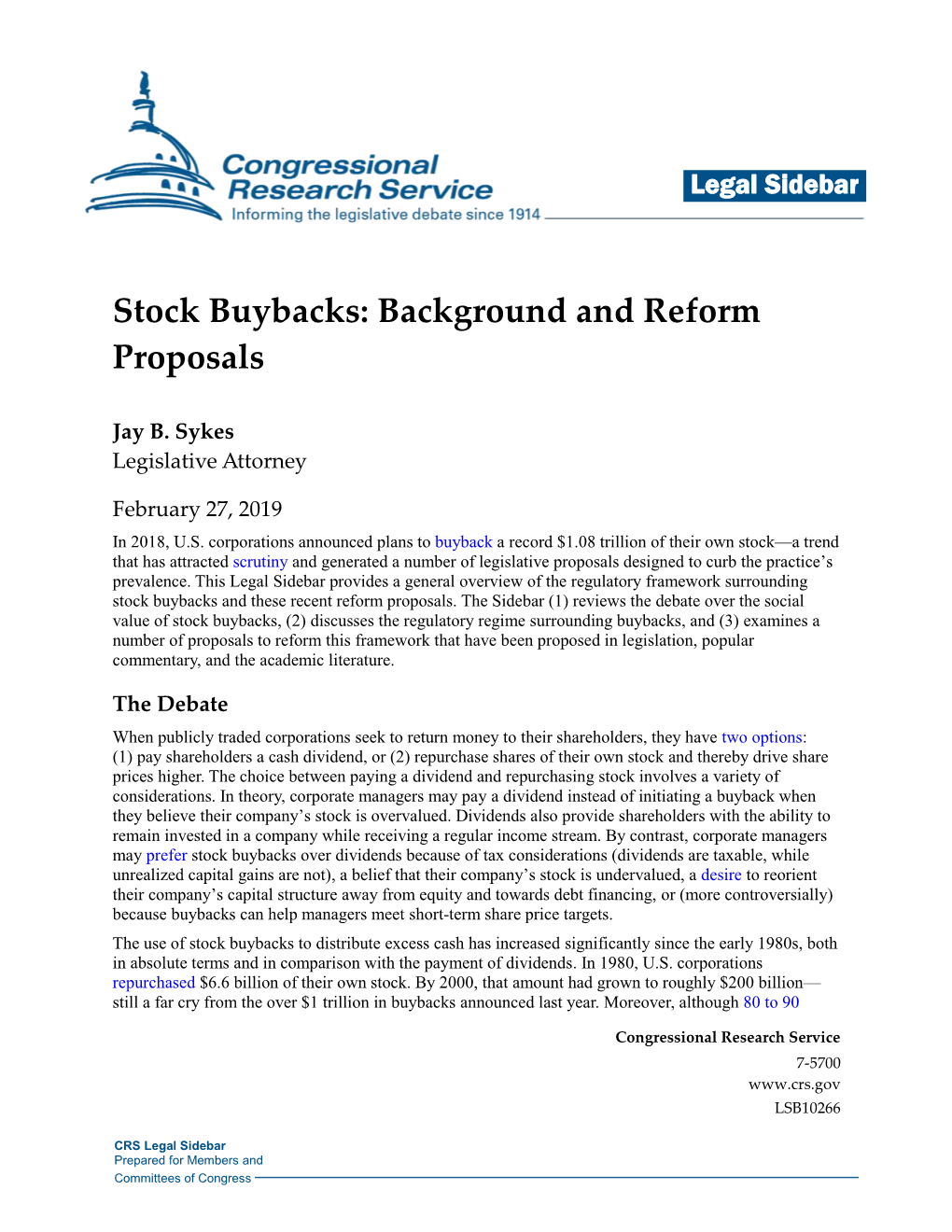 Stock Buybacks: Background and Reform Proposals