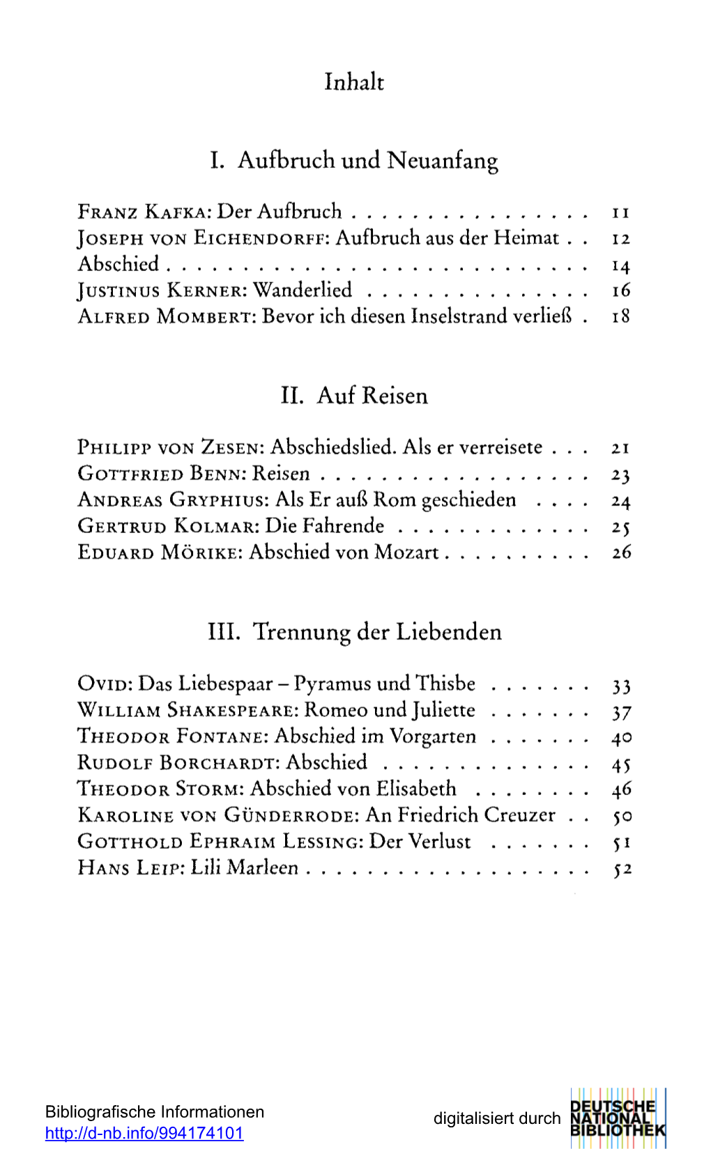 Inhalt I. Aufbruch Und Neuanfang II. Auf Reisen III. Trennung Der Liebenden