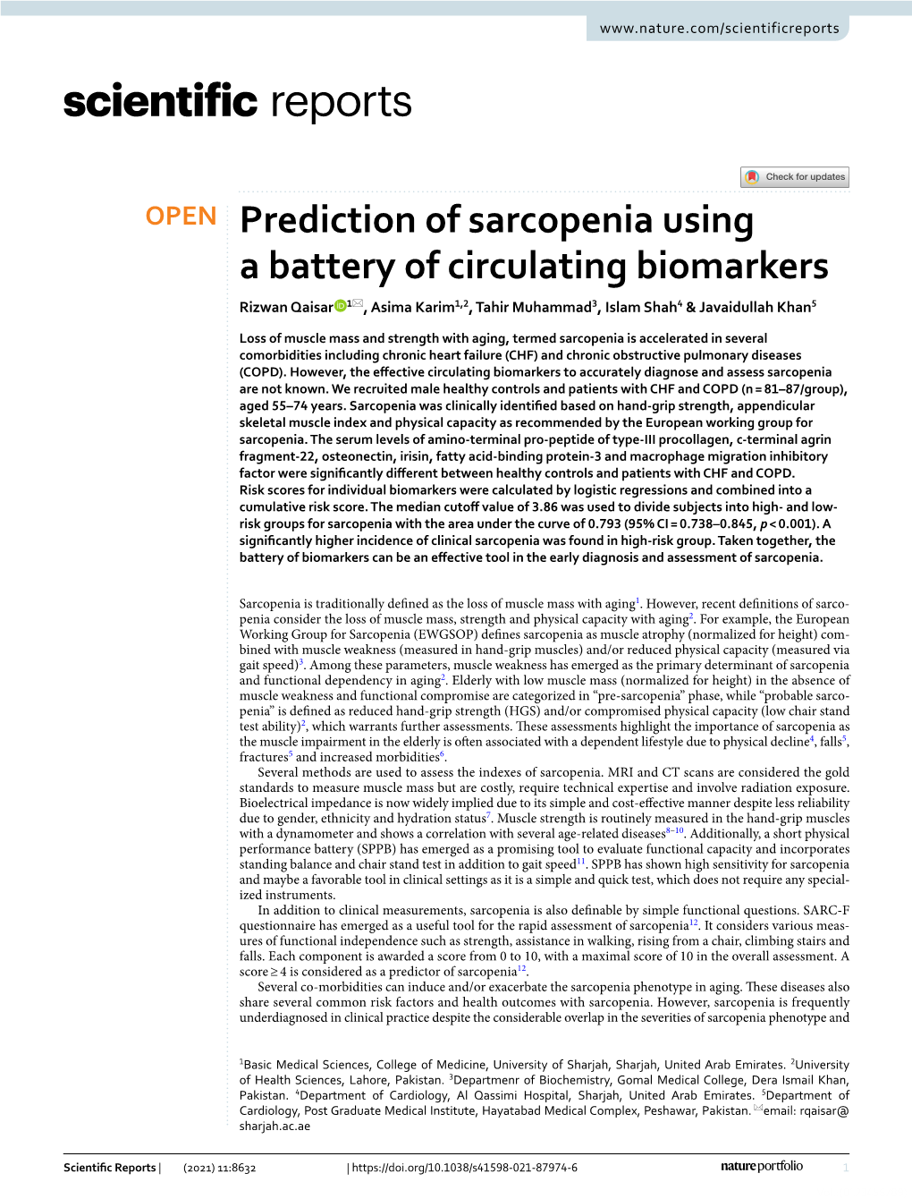 Prediction of Sarcopenia Using a Battery of Circulating Biomarkers Rizwan Qaisar 1*, Asima Karim1,2, Tahir Muhammad3, Islam Shah4 & Javaidullah Khan5